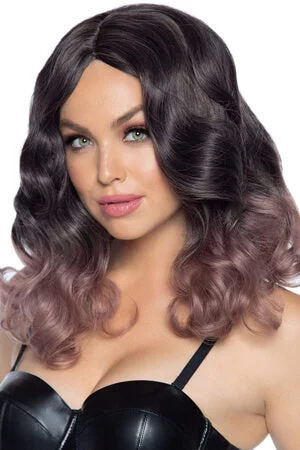 Bob wig with a pre - plucked hairline for a more natural lookMauve 18" Curly Ombre Long Bob Wig