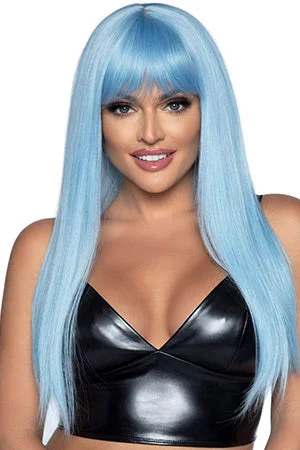 Wavy wig with a wispy fringe for a soft and feminine lookStraight Blue Wig With Bangs