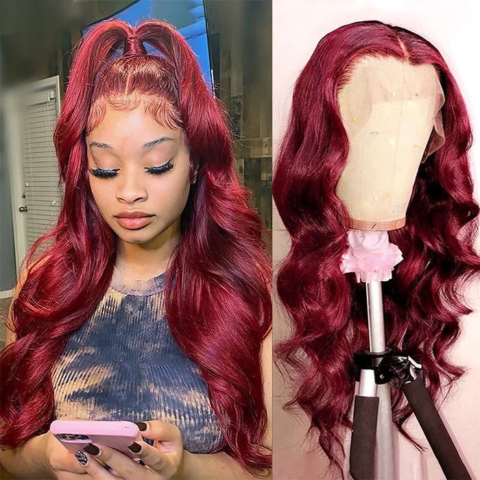 Brazilian - human - hair wig with a full and voluminous look13x4 13x6 Lace Front Wig Body Wave Human Hair Wigs 99J Red Burgundy Pre-Plucked Remy Human Hair Wigs