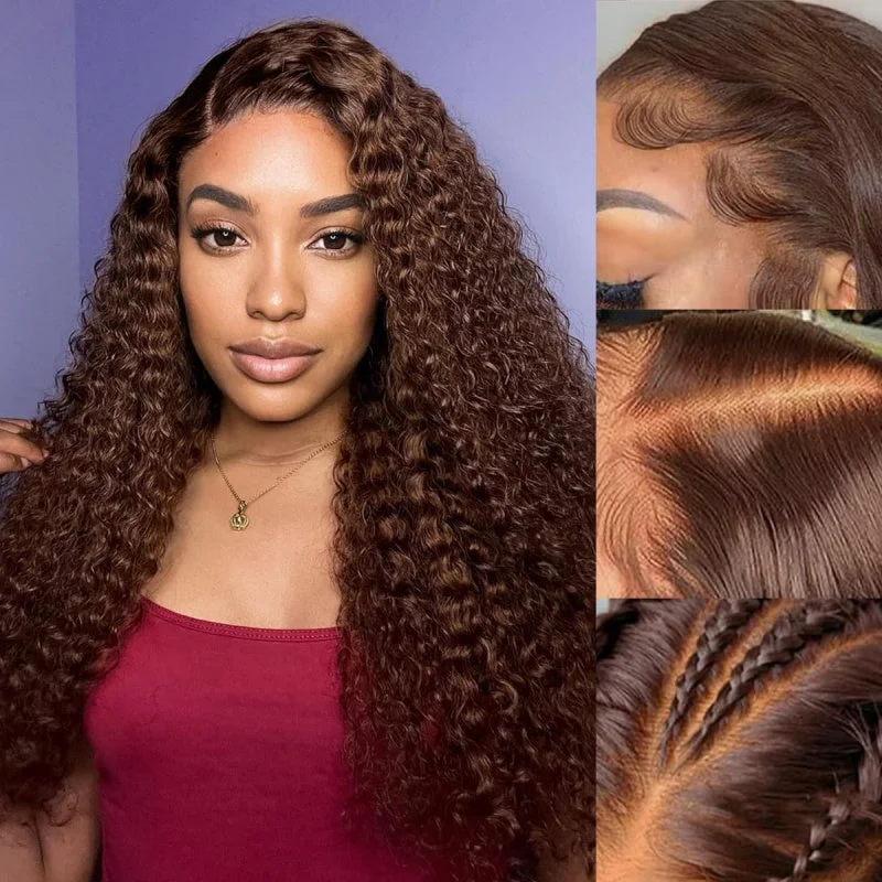 Colored wig with a middle - part for a classic and elegant styleChocolate Brown Kinky Curly Lace Front Wig Human Hair 13x4 Transparent Lace Frontal Wigs 180% Density