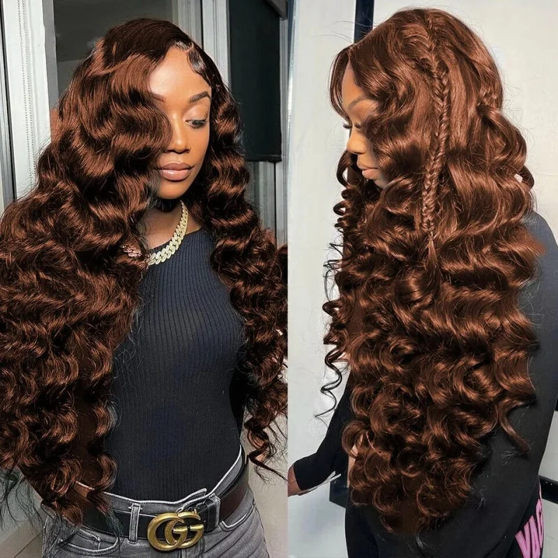 Colored wig with a silver - grey color for a trendy and cool - toned look13x4 Transparent Lace Front Wig Chocolate Brown Loose Wave Human Hair Wigs 180% Density