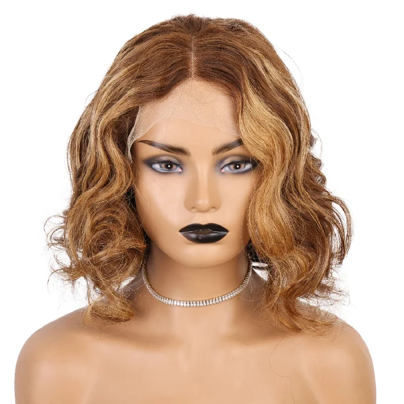 Colored wig with a silk - base cap for a comfortable and smooth feelCinnamon Brown 13x4 Front Lace 12 Inch Wavy Bob Wig [CXW39]