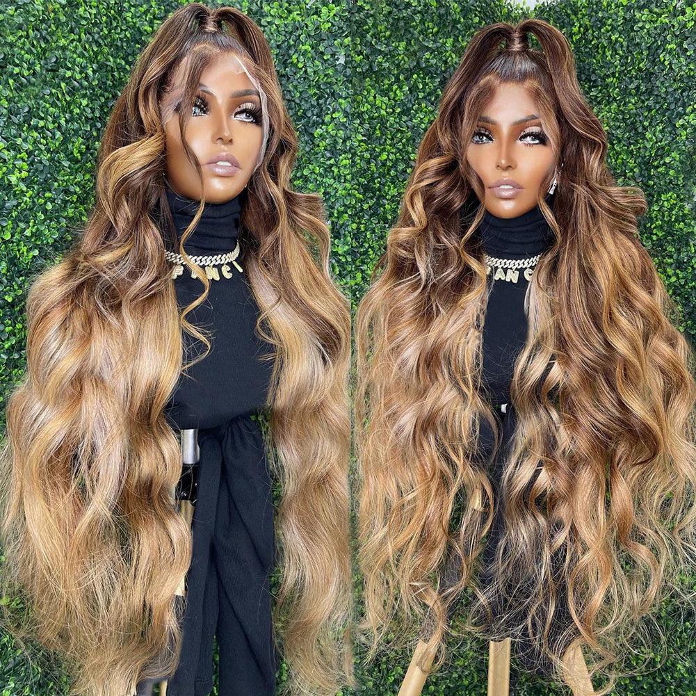 Lace wig with a natural - looking root for a more realistic look13x4 Lace Frontal Human Hair Wigs Body Wave #4/27 Highlight Brown