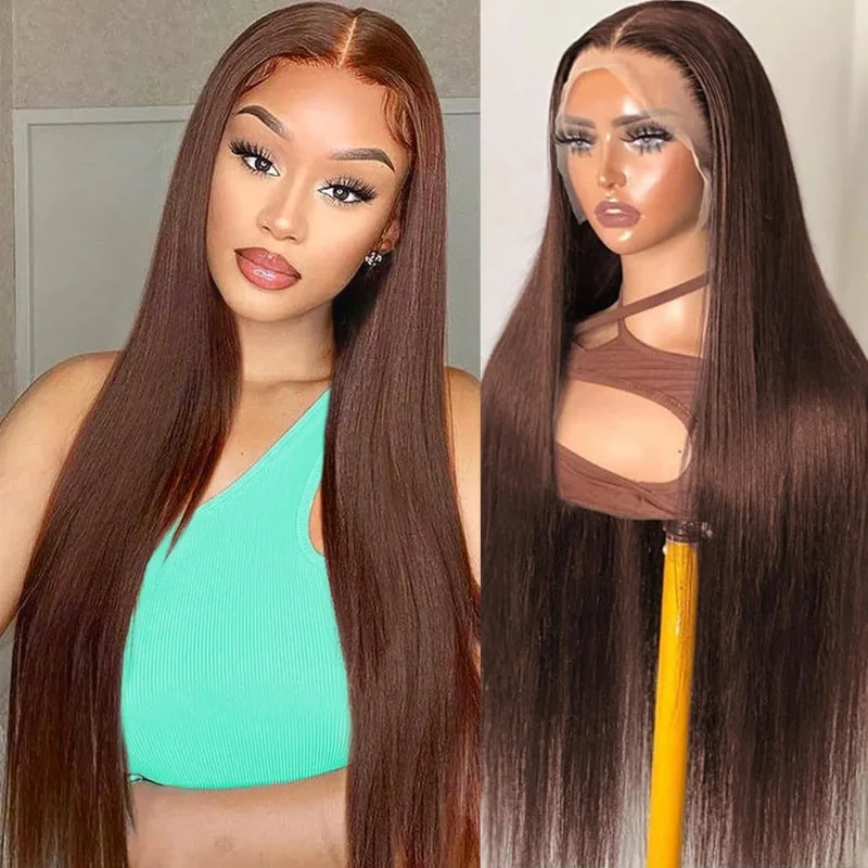 Colored wig with a straight texture for a sleek and minimalist look13x4 Straight Wigs Chocolate Brown Transarent Lace Front Wigs For Women 180% Hair Density