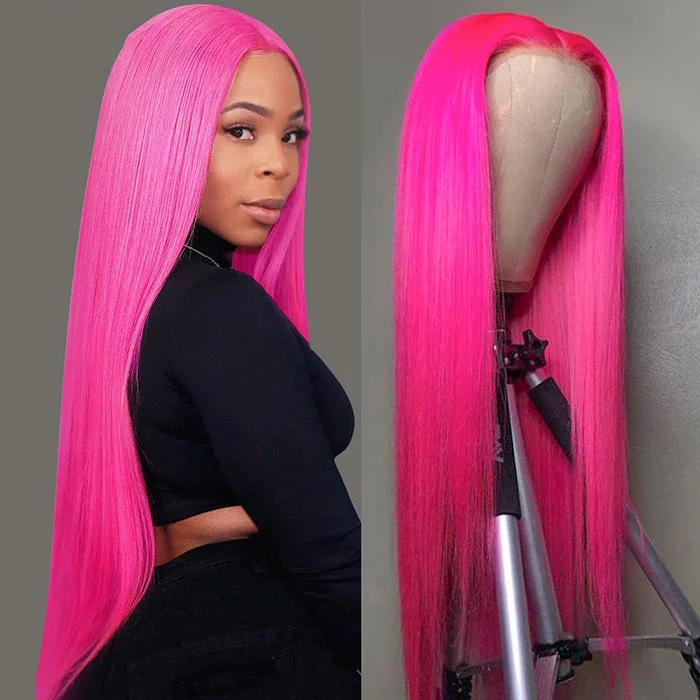 Human - hair wig with a honey - blonde color for a warm and sunny look13x4 Transparent HD Lace Frontal Brazilian Virgin Human Hair Hot Pink Colored Wig