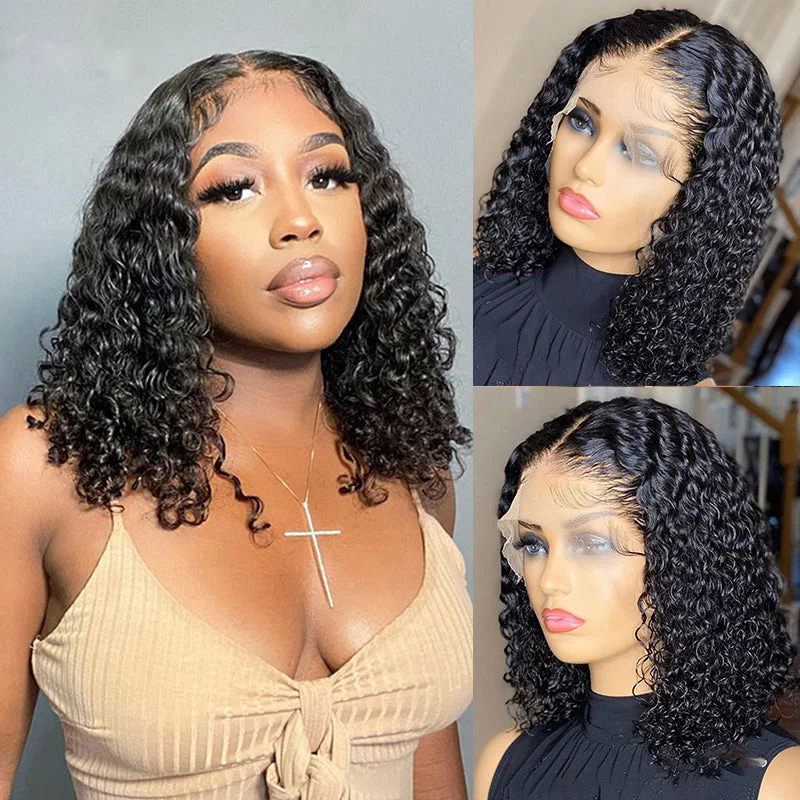 Human - hair wig with a natural - looking root for a more realistic look13x6 Curly Bob Wig HD Transparent Lace Front Wig 100% Human Hair