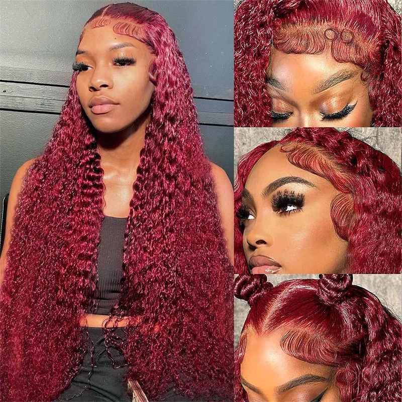 Colored wig with a middle - part for a classic and elegant styleLemoda 13x6 Lace 99J Burgundy Color Curly Hair Lace Front Wigs For Black Women 180% Density