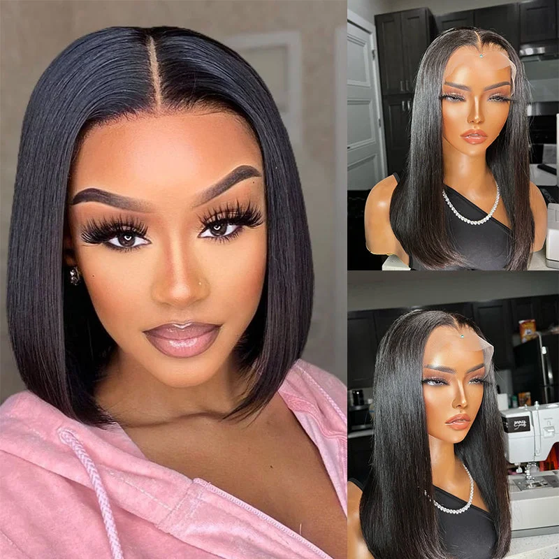 Peruvian - human - hair wig with a soft and manageable feel13x6 Straight Bob Wig HD Transparent Lace Front Wig 100% Virgin Human Hair