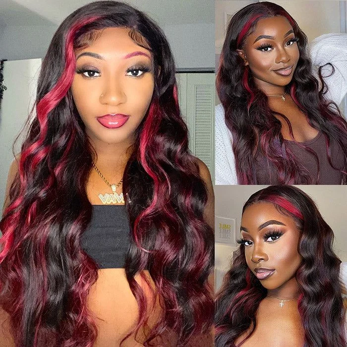 Colored wig with a side - part for a more flattering appearance1B/99J Highlight Color Wig Body Wave Human Hair Transparent Lace Front Wig