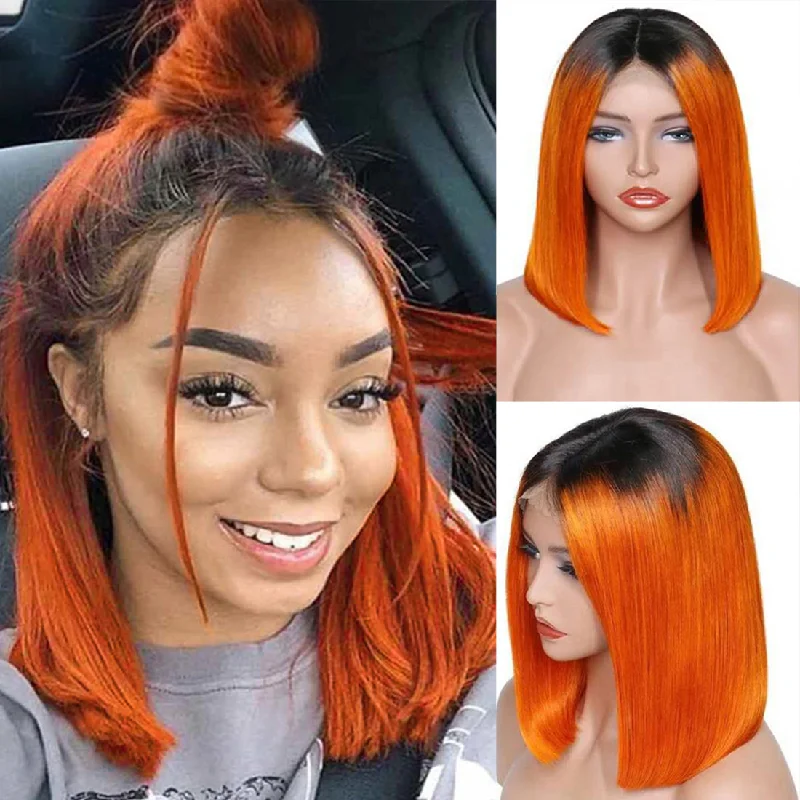 Synthetic lace wig with a heat - resistant formula1B Ginger Orange Ombre Colored 13x4 Pre Plucked Lace Frontal Wig Straight Bob Wig Human Hair