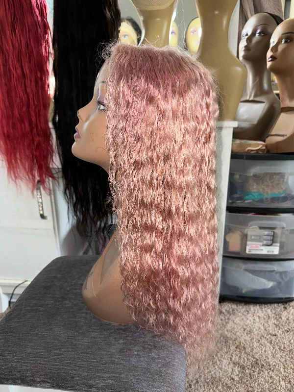 Human - hair colored wig for a natural and luxurious feel22 inch Pastel Pink Curly Lace