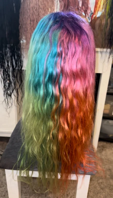 Colored wig with a wavy texture for a beachy and fun look24 inch Rainbow Closure