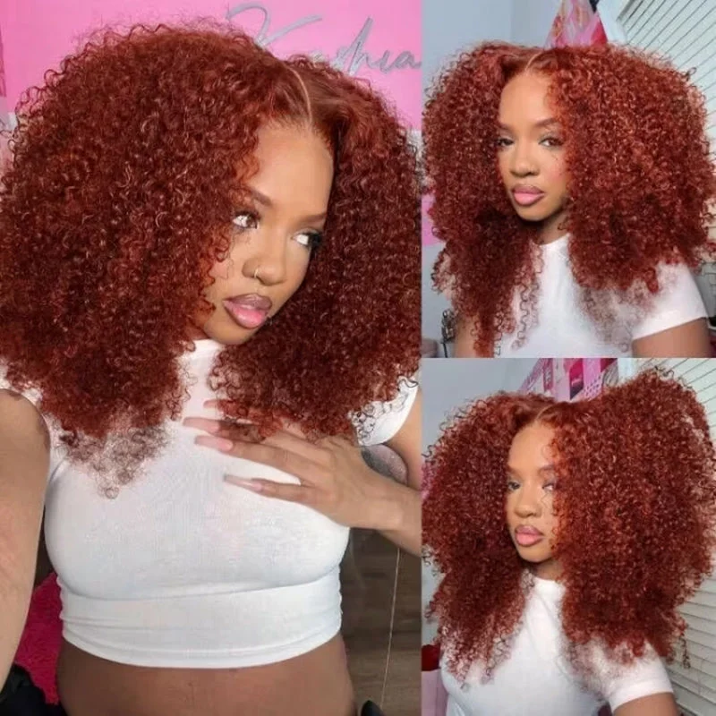 Colored wig with a red - orange hue for a warm and energetic look#33 Reddish Brown Kinky Curly Wig Auburn Copper HD Transparent Lace Human Hair Wig