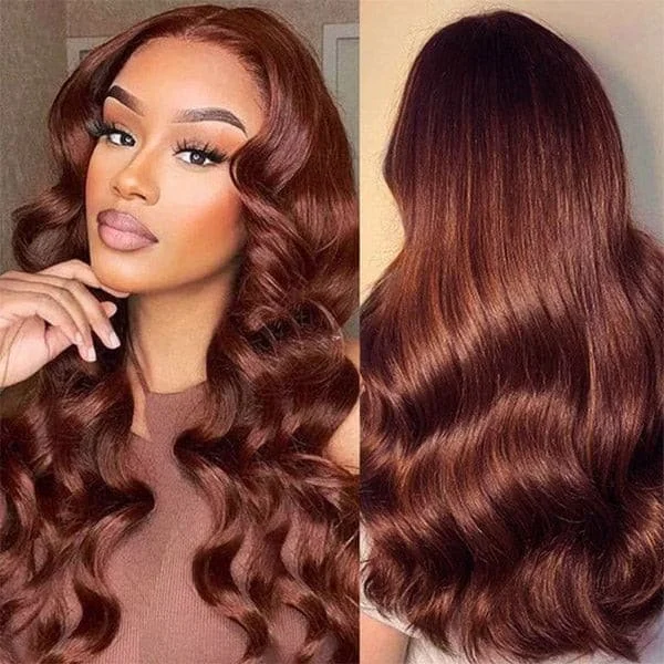 Colored wig with a side - swept bang for a sophisticated look33B Auburn Body Wave 4x4 Lace Closure Wigs Natural Hairline Beginner Friendly