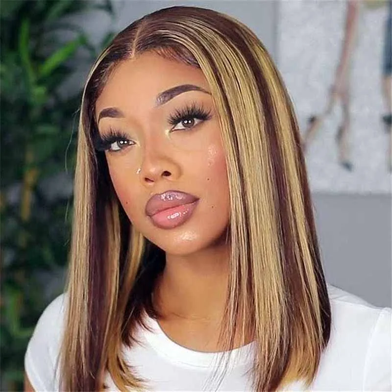 Colored wig with a middle - part for a classic and elegant styleBlonde Highlight Bob Wigs Human Hair Brazilian Ombre Glueless Lace Wig Pre Plucked Ready To Wear