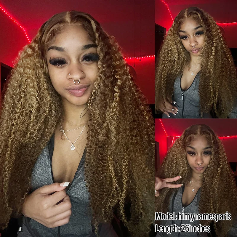 Colored wig with a natural - looking root for a more realistic lookMoney Piece P4/27 Highlight Kinky Curly Transparent Lace Wig Pre-plucked Human Hair Wigs