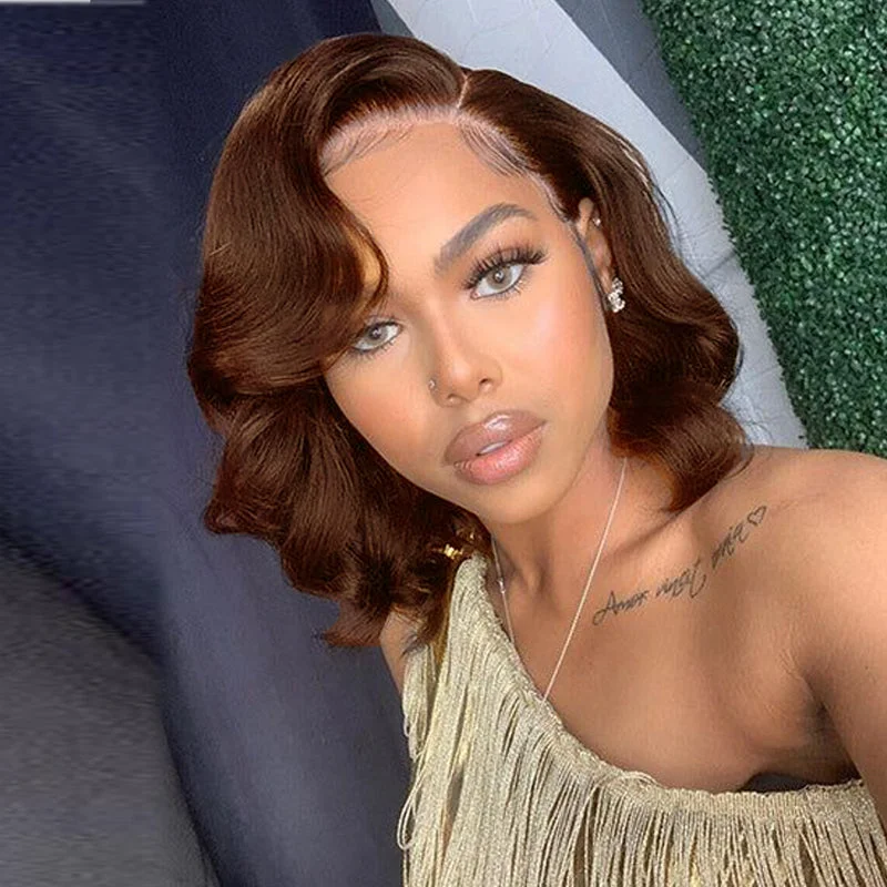 Colored wig with a silk - base cap for a comfortable and smooth feel#4 Brown Loose Body Wave Bob Bob Wig Chocolate Brown Short Lace Wigs 100% Human Hair