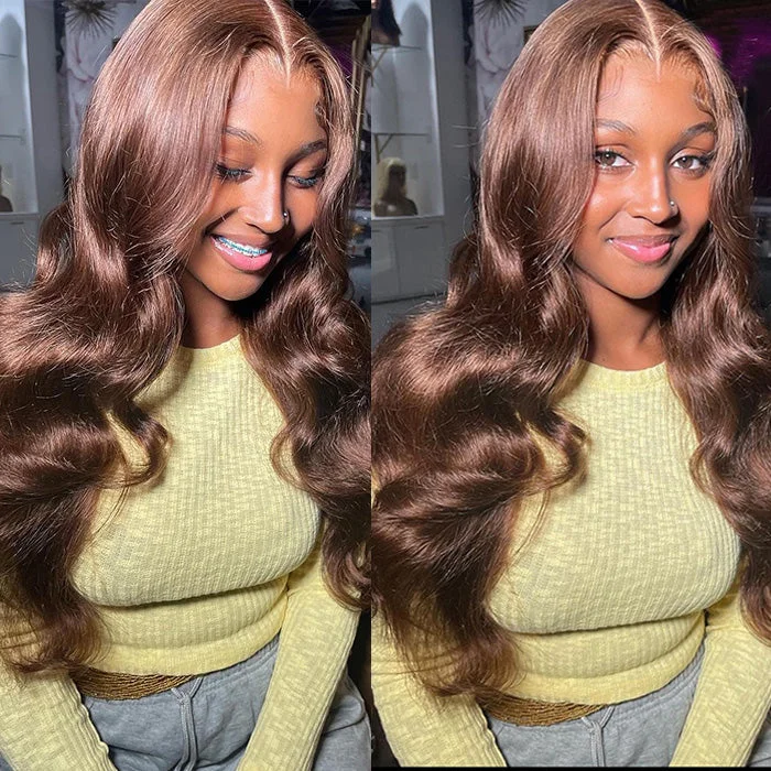 Colored wig with a silk - base cap for a comfortable and smooth feelChocolate Brown Colored 13*4 HD Lace Front Body Wave Wigs With Pre-plucked Hairline Human Hair Wigs