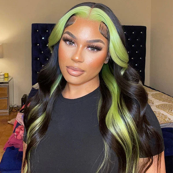 Colored wig with a curly texture for a bold and stylish choice5x5 Lace Closure Green Skunk Stripe Body Wave Wig Wigs