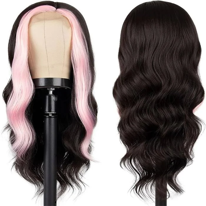 Colored wig with a pre - bleached knot for a natural - looking scalp5x5 Lace Closure Wigs Pink Skunk Stripe Body Wave HD Wig