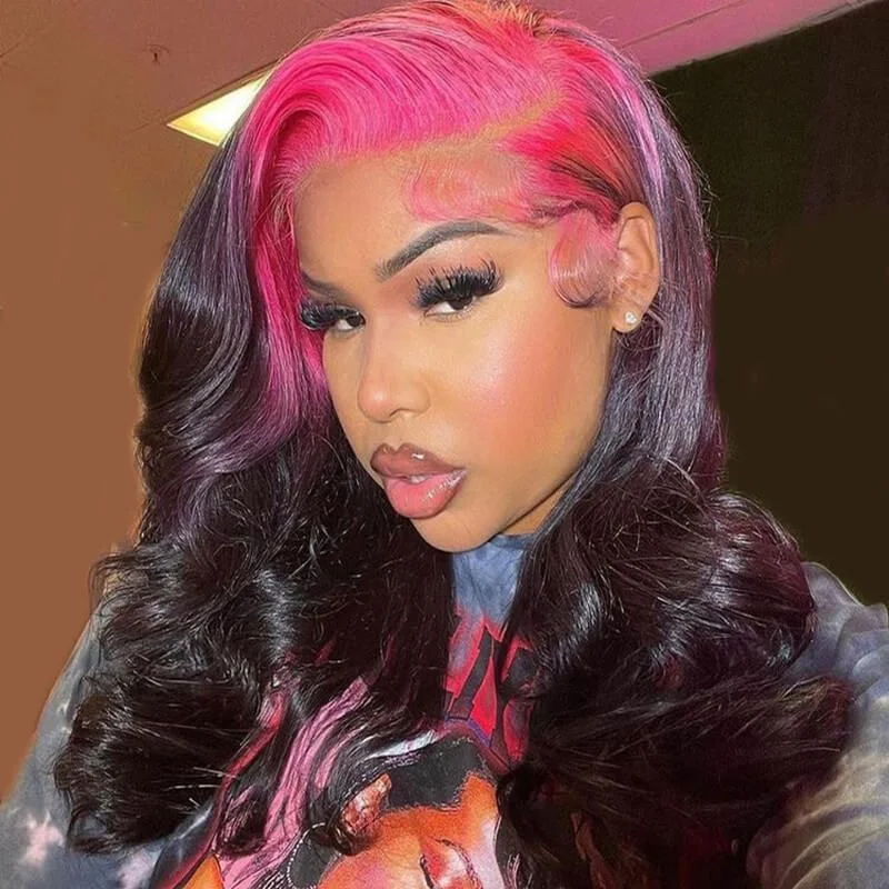 Colored wig in a vibrant pink color for a bold and eye - catching look5x5 Lace Closure Red Skunk Stripe Body Wave Human Hair Wig