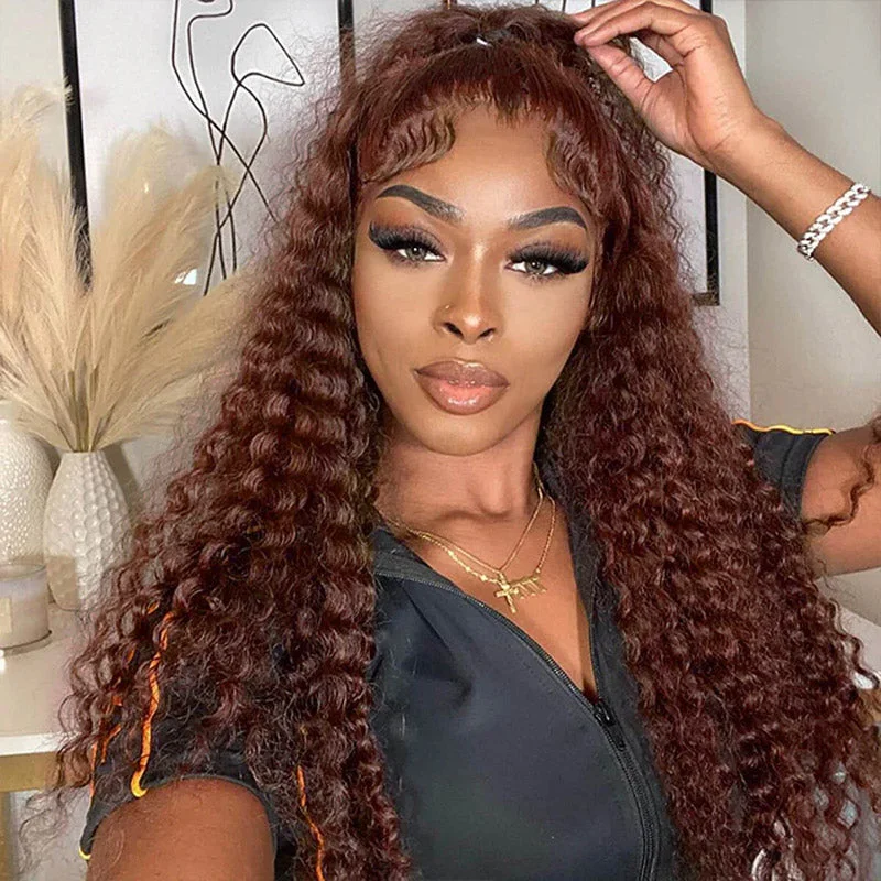 Colored wig with a side - part for a more flattering appearance5x5 Lace Closure Wig Virgin Human Hair Deep Wave Auburn Color Wigs