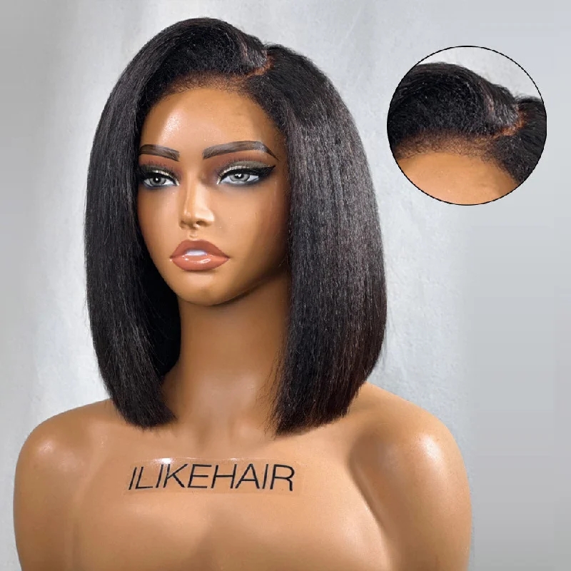 Lace wig with a 13x4 lace frontal for a wide - parting areaPut on & Go 5x5 Kinky Straight 4C Kinky Edges Pre Cut HD Lace Short Bob Wig