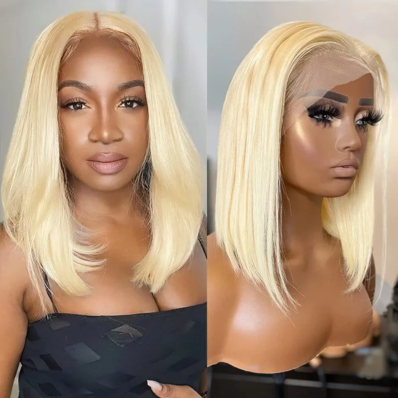 Colored wig with a pre - plucked hairline for a more natural look#613 Blonde Color Bob 13x4 HD Transparent Lace Frontal Bob Wig 100% Virgin Human Hair