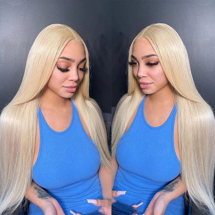 Human - hair wig with a side - swept bang for a sophisticated look613 Blonde Human Hair Lace Front Wigs T-Part Straight Lace Wigs