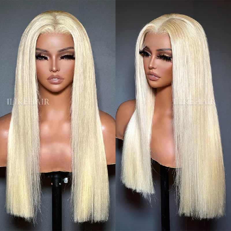 Colored wig in a vibrant pink color for a bold and eye - catching look613 Blonde Silky Straight Human Hair Lace Front Wig