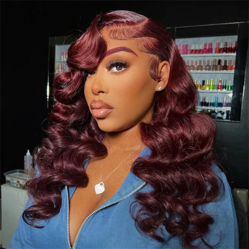 Colored wig with a side - swept bang for a sophisticated look99J Burgundy Loose Wave 13x6 Transparent Lace Front Pre Plucked Wig 180% Density