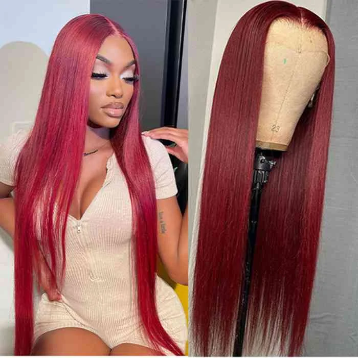 Human - hair wig with a wavy texture for a beachy and relaxed look99J Burgundy Straight 4x4 5x5 6x6 Glueless Lace Closure Wig