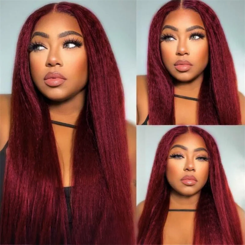 Colored wig with a pre - bleached knot for a natural - looking scalpLemoda 99J Kinky Straight 13x6 Transparent Lace Frontal Wig For Black Women 180% Density