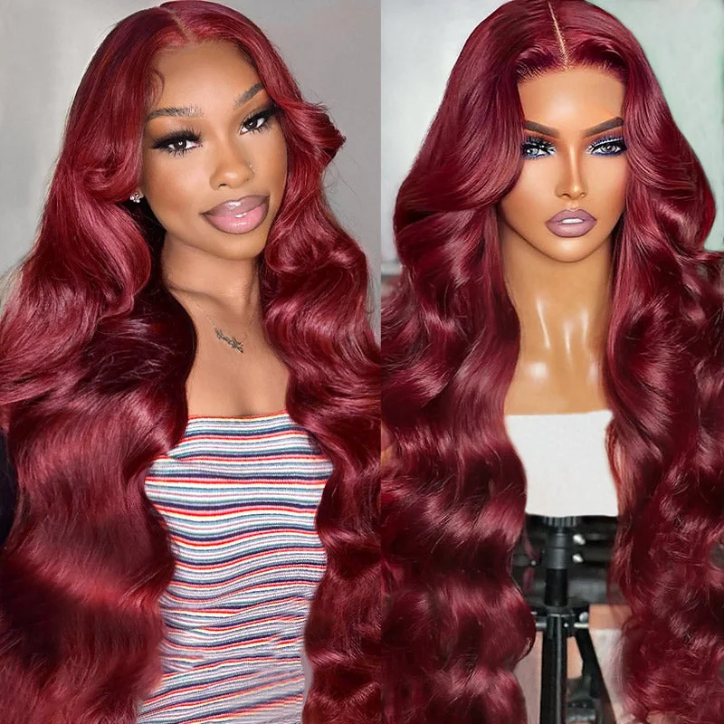 Human - hair wig with a 180 - density for a full and thick appearanceIshow 32 Inch 200 Density 99j Burgundy HD Transparent Lace Front Wig Body Wave/Straight/Deep Wave Human Hair Wigs Pre Plucked Natural Hairline