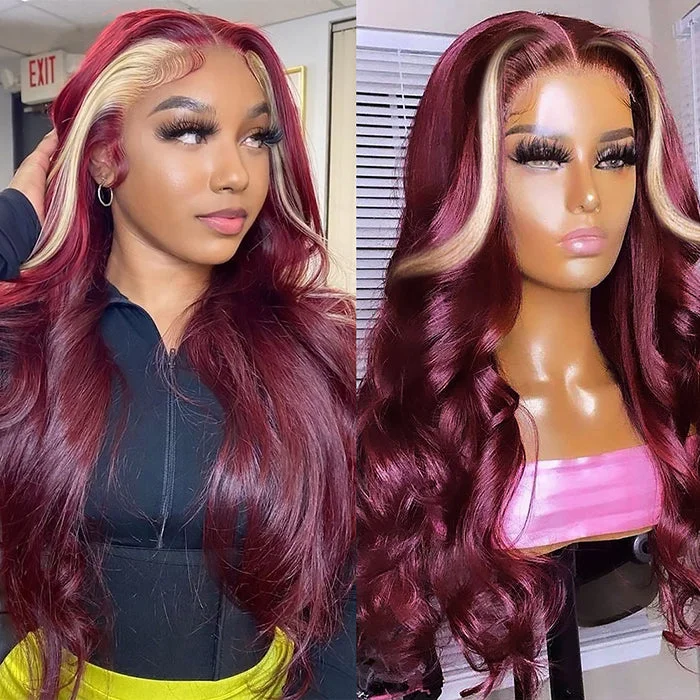 Brazilian - human - hair wig with a full and voluminous look99J With 613 Blonde Skunk Stripe Human Hair 13x4 Body Wave Transformate HD Lace Front Wig