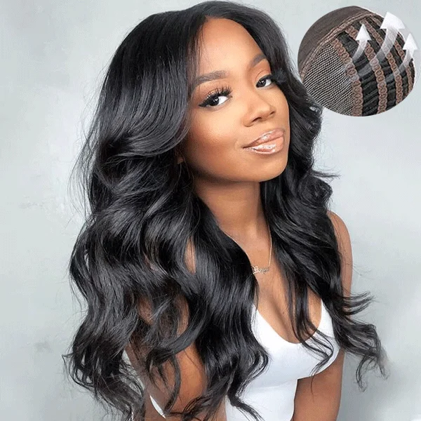 Human - hair wig with a straight texture for a sleek and minimalist lookAir Cap-Glueless Body Wave Pre-Cut HD Lace Closure Human Hair Wigs