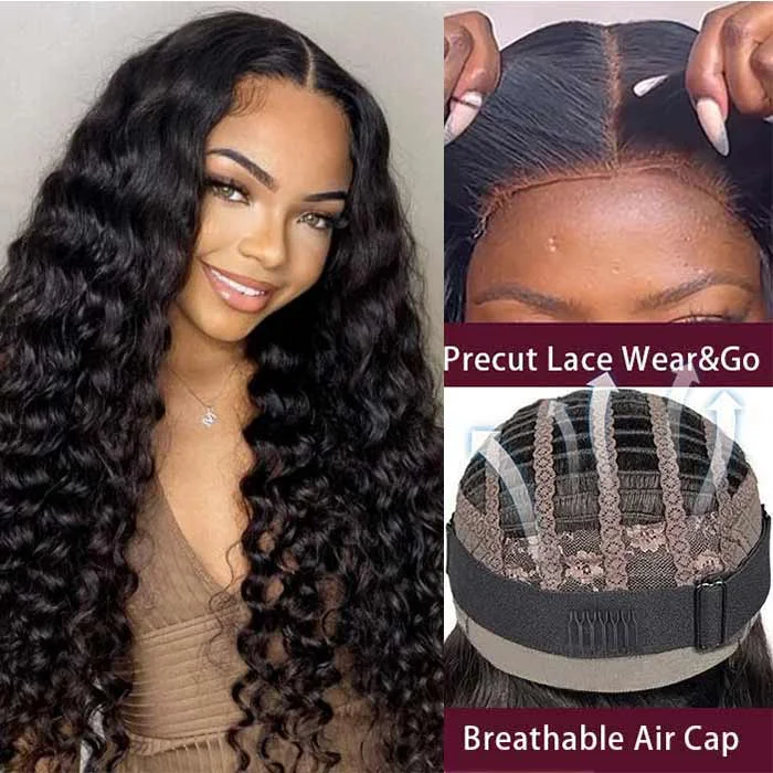 Human - hair wig with a 180 - density for a full and thick appearanceAir Cap-Deep Wave Breathable HD Glueless Human Hair Pre Cut Lace Front Wig