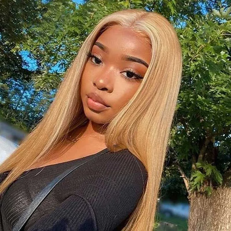 Colored wig with a wispy fringe for a soft and feminine lookAlibonnie #27 Honey Blonde 360 Transparent Lace Straight Wigs Pre Plucked Human Hair Wigs