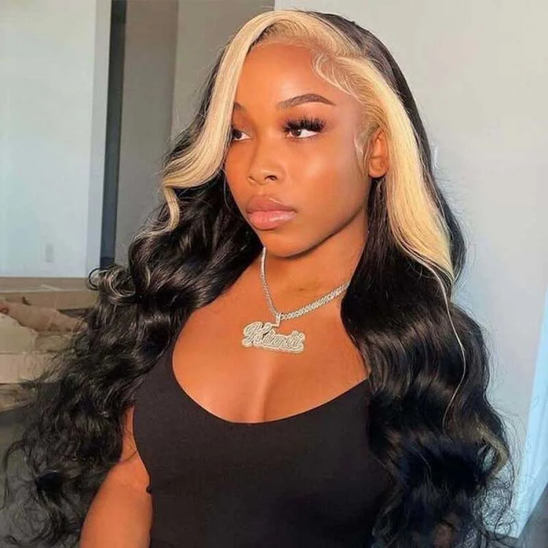 Colored wig with a pre - plucked hairline for a more natural lookAlibonnie 613 Blonde Skunk Stripe Hair 13x4 Lace Front Wigs Body Wave Color Wigs 200% Density