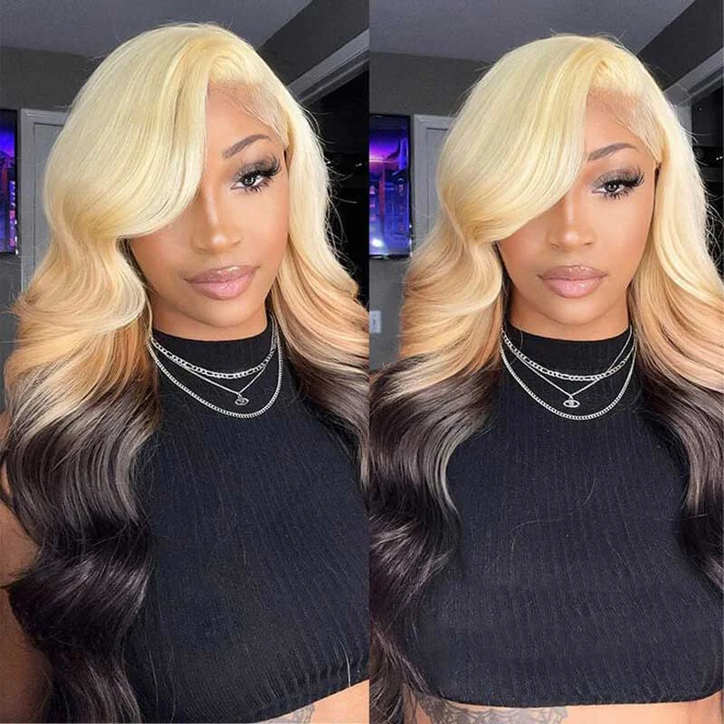 Synthetic colored wig with a heat - resistant formula for easy stylingAlibonnie Blonde Ombre 13x4 Lace Front Wigs Body Wave Human Hair 613 Blonde Brown Color Wigs