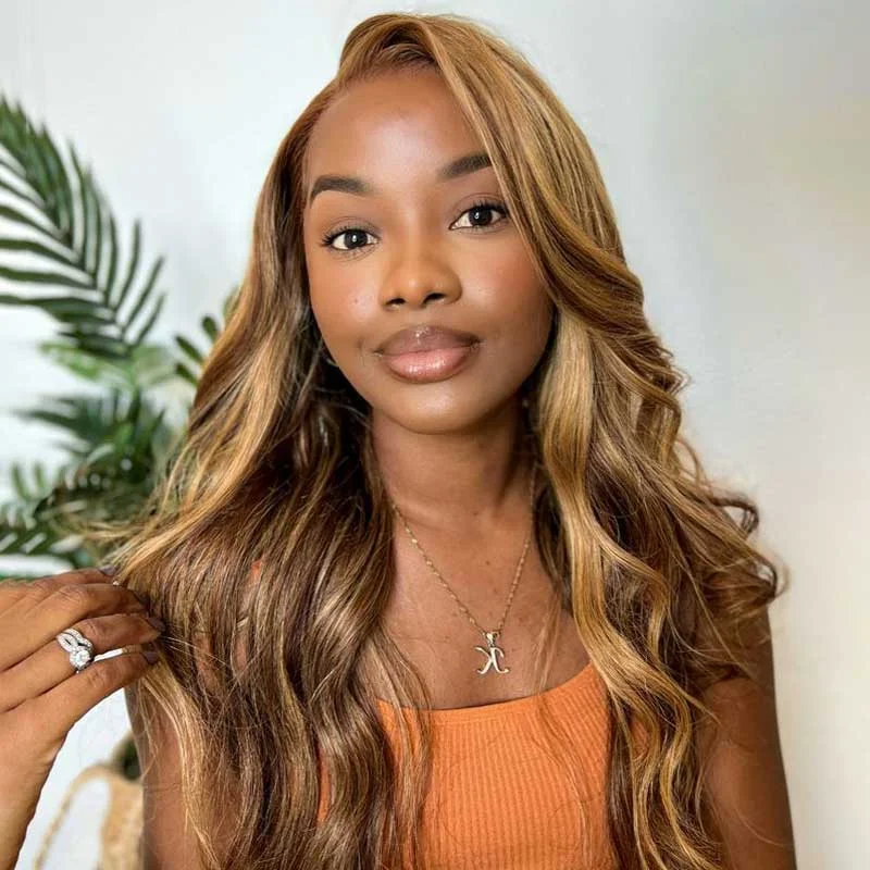 Colored wig with a pre - plucked hairline for a more natural lookAlibonnie Glueless Pre Cut 4/27 Blonde Highlight 6x4 Transparent Lace Wigs Body Wave Human Hair Wigs Wear And Go