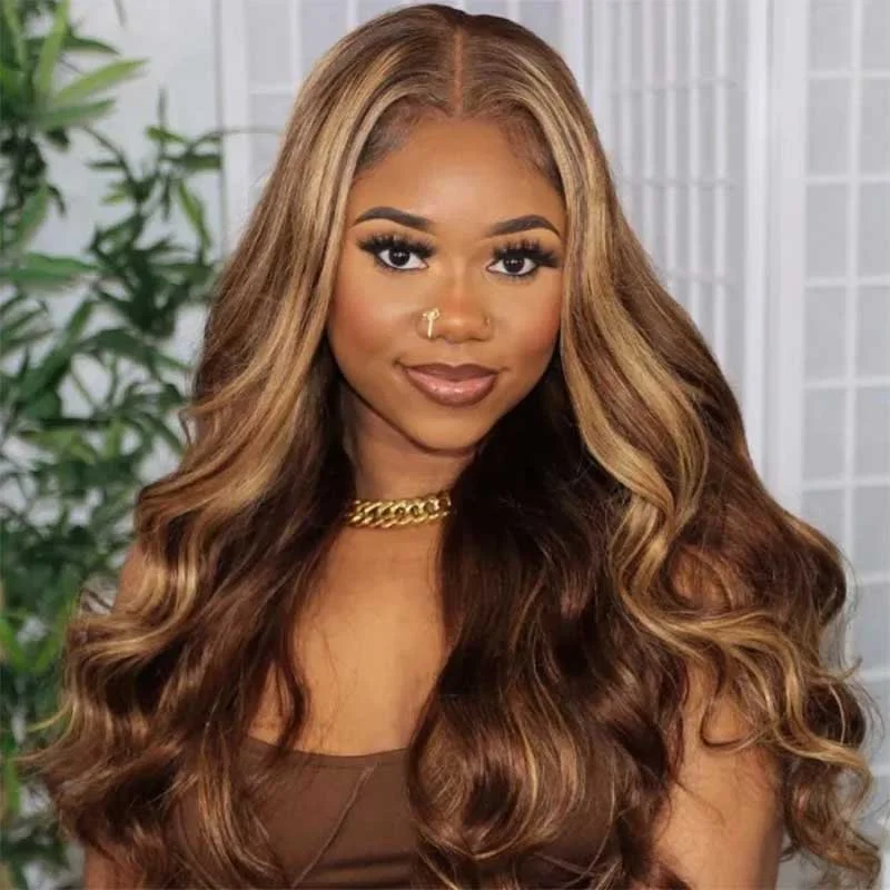 Colored wig with a red - orange hue for a warm and energetic lookAlibonnie Glueless Pre Cut 5X5 Closure Wigs Body Wave Honey Blonde Highlight Lace Wigs 180% Density