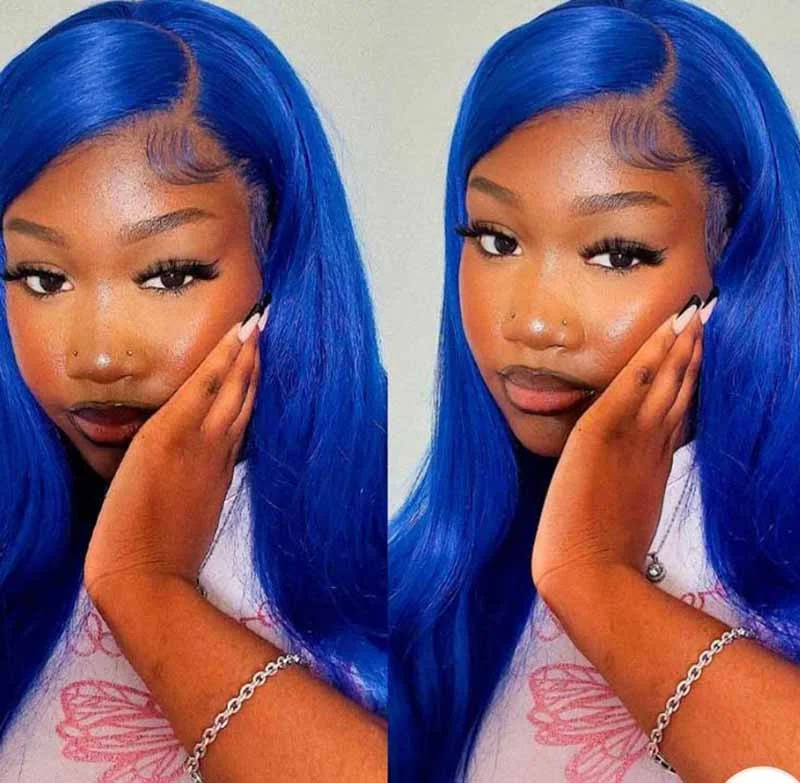 Colored wig with a side - swept bang for a sophisticated lookAlibonnie Hair Blue Wig Lace Front Straight Human Hair 13x4 Transparent Lace Wigs