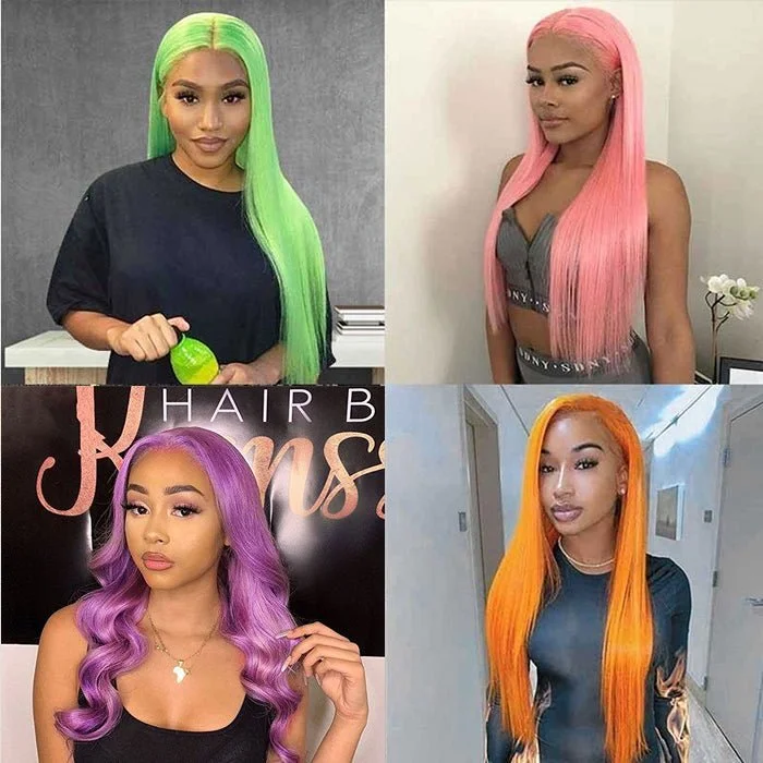 Colored wig with a side - part for a more flattering appearanceAlibonnie Hair Colored Straight Human Hair Wigs Green Pink Blue Purple Burgundy Blond Orange 13x4 Lace Front Wigs