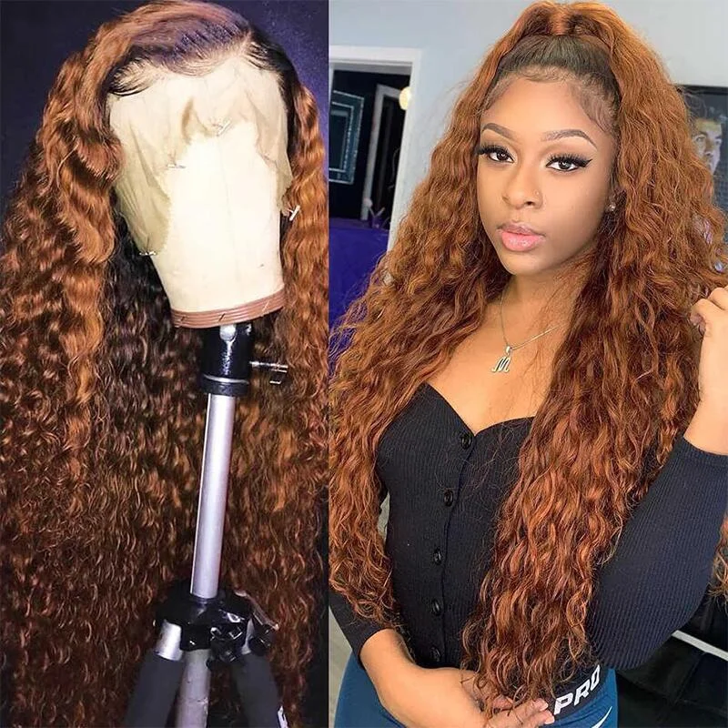 Adjustable - cap colored wig for a comfortable fitOmbre Ginger Color Water Wave Human Hair Lace Wigs Pre Plucked Copper Color Wig