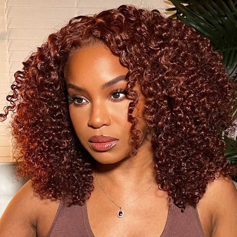 Colored wig with a wispy fringe for a soft and feminine lookAlibonnie 13x4 Kinky Curly Lace Front Wig Auburn Brown Color Transparent Lace Wig 180% Density