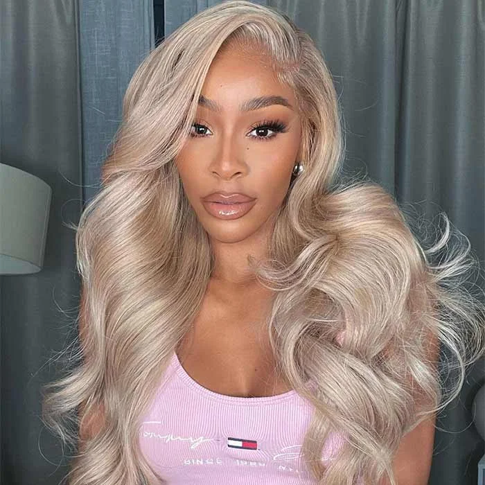 Human - hair wig with a pre - bleached knot for a natural - looking scalpMandisa Ash Blonde Color Body Wave 13x4 Preplucked Transparent HD Lace Front Wigs