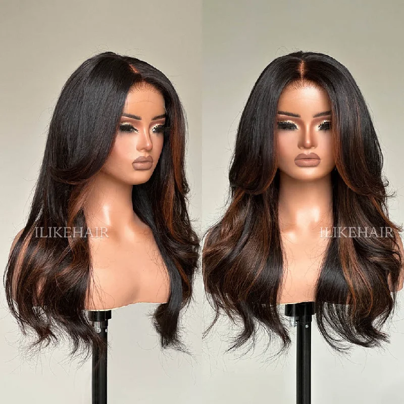 Human - hair colored wig for a natural and luxurious feelAuburn Brown Highlights Layered Cut Wavy Lace Closure Wig