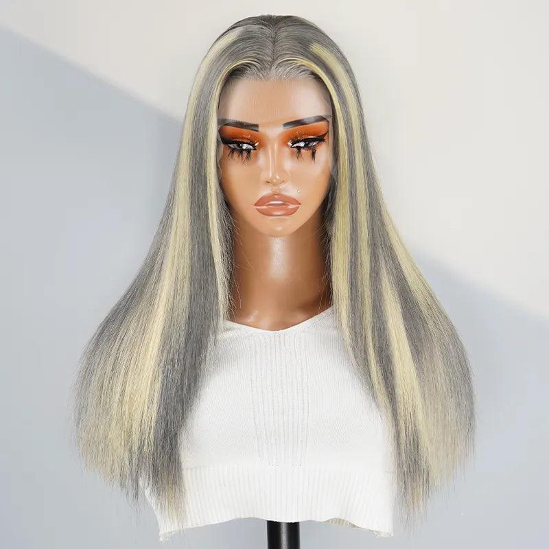 Lace wig with a straight texture for a sleek and minimalist look13x4 Shimmering Blonde&Gray Mix Color Lace Frontal Human Hair Wig