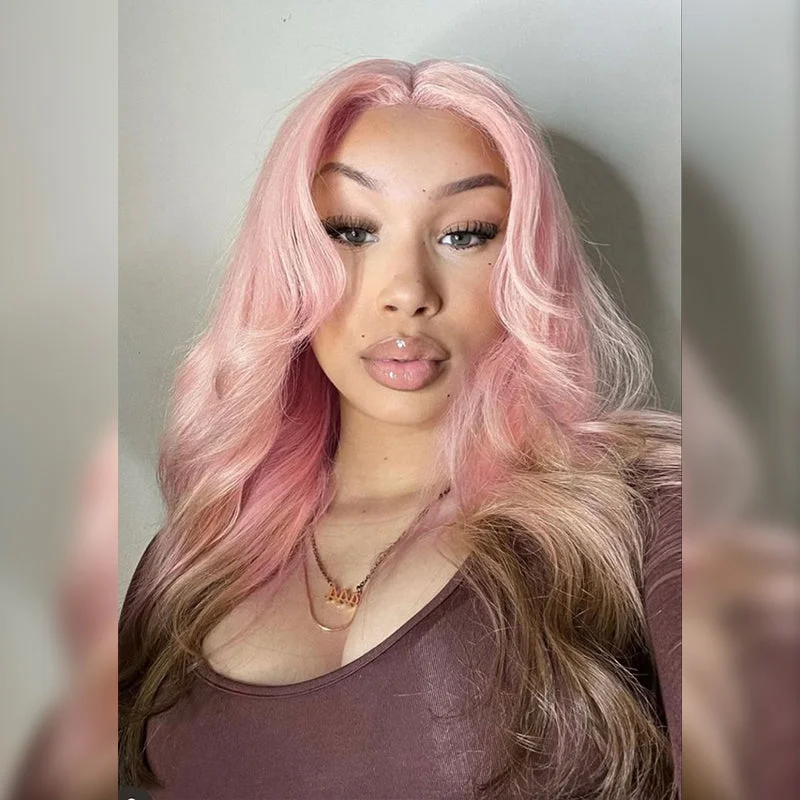 Colored wig with a natural - looking root for a more realistic lookPink & Brown Ombre 13x6 Lace Front Wigs Straight Human Hair Wigs